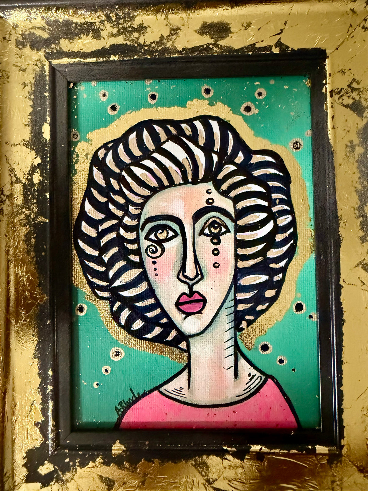 Original,signed painting-mixed media portrait on canvas in gold frame 9x11