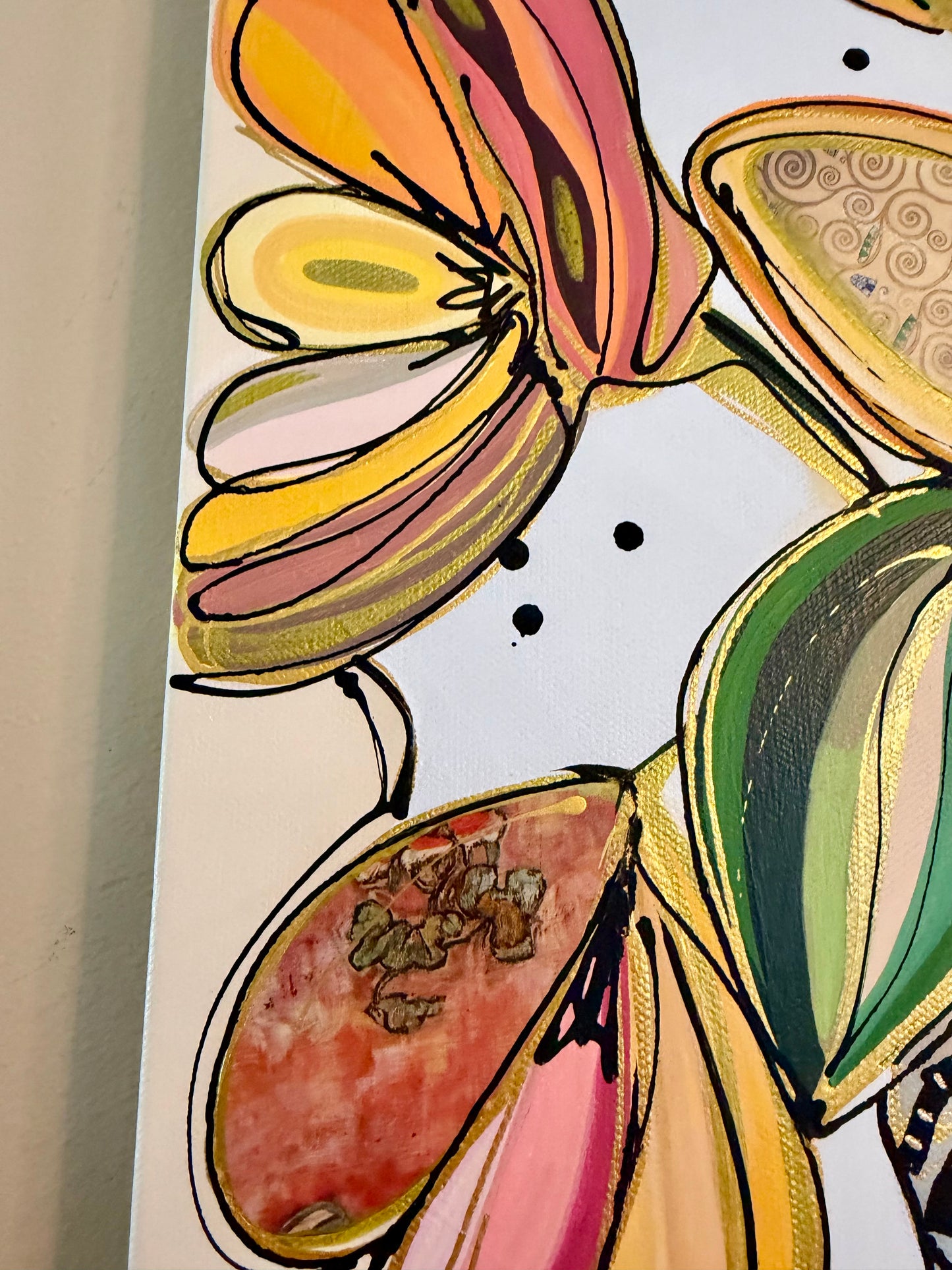 Original, signed painting-15x30”painted, wide edge canvas: Abstract portrait with mixed media collage