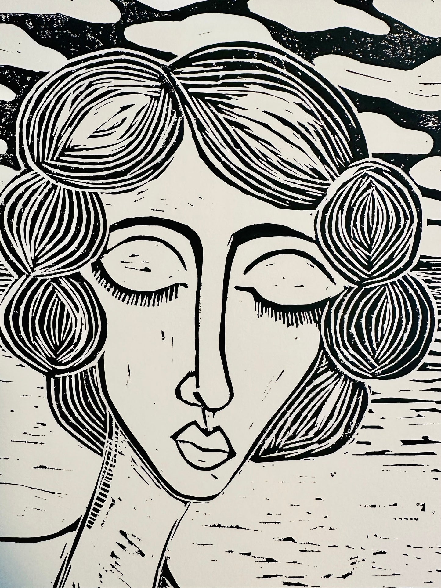 Original, hand-carved & pulled linocut block print - Unframed, 11x14 print “Bea”Abstract  Portrait.