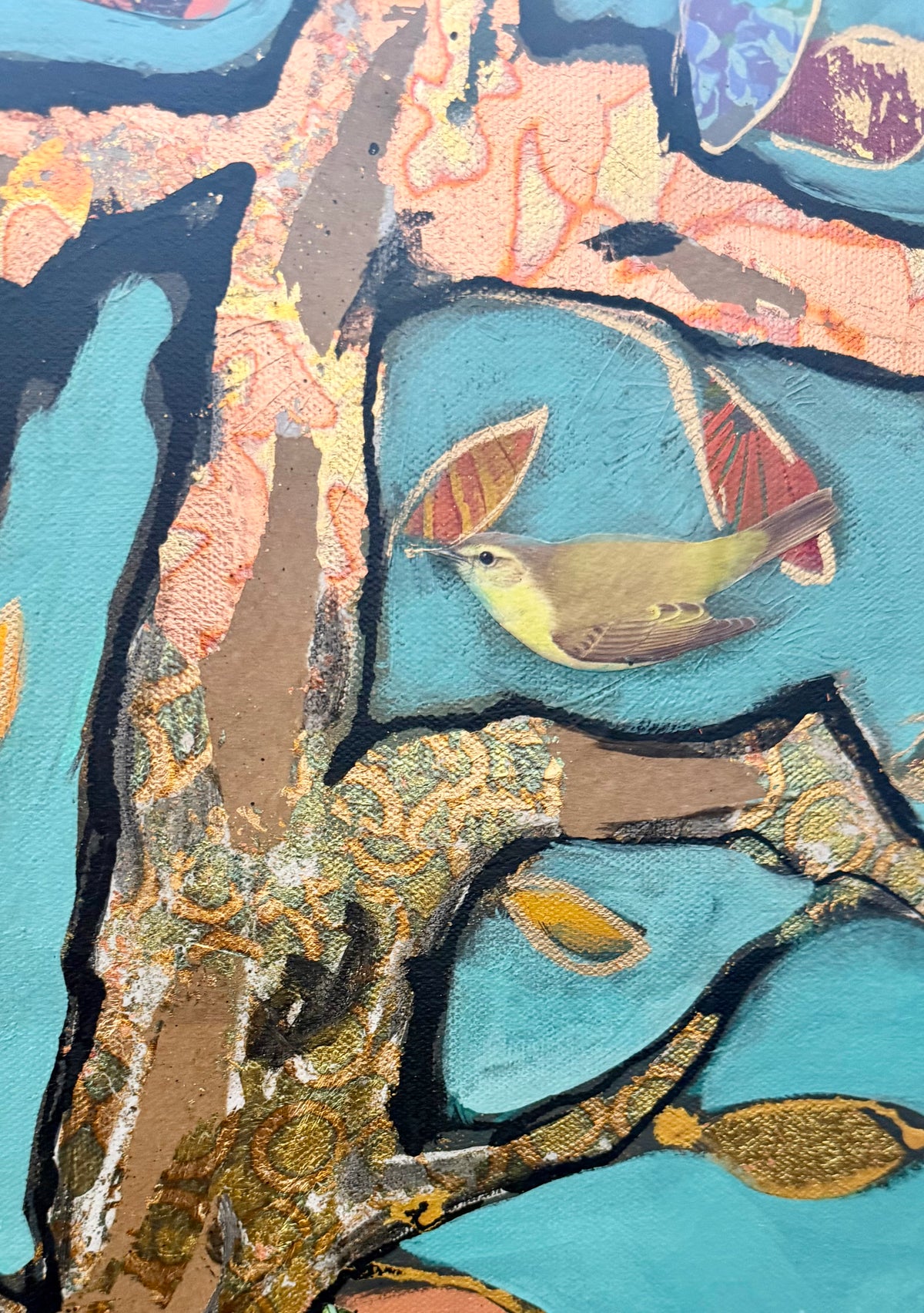 36x48 Original signed painting-wide gallery edge canvas Abstract portrait, acrylic w/mixed media collage