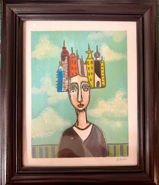 Original,signed painting/mixed media collage portrait on board in black frame, 10x12
