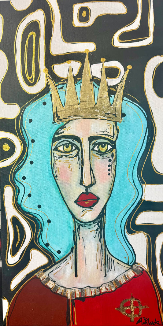 Original, signed painting-12x24” painted edge canvas: Abstract portrait w/ mixed media crown