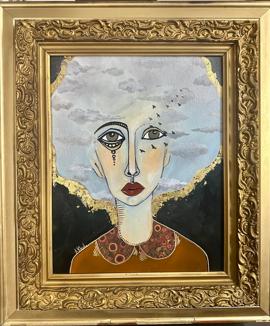 Large Original painting on canvas board in big,vintage gold frame, 25x29. Abstract portrait w/mixed media.