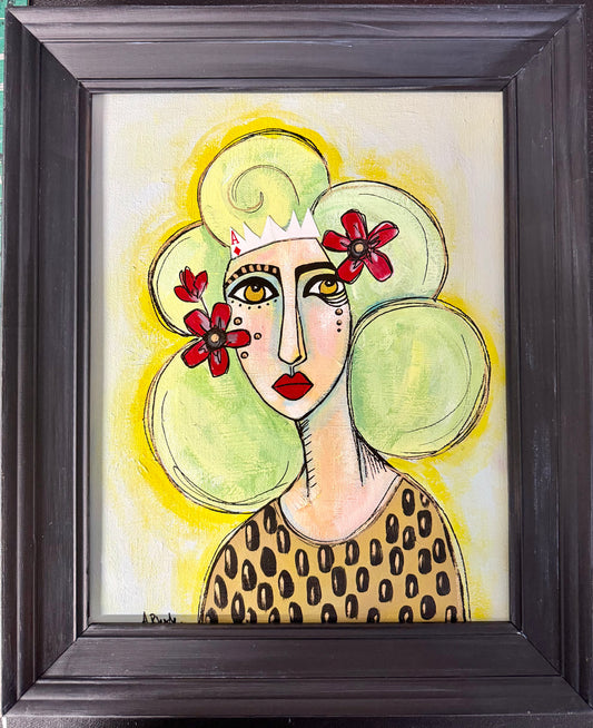 Original painting on canvas in wide black frame, 15x18”Abstract portrait w/mixed media collage