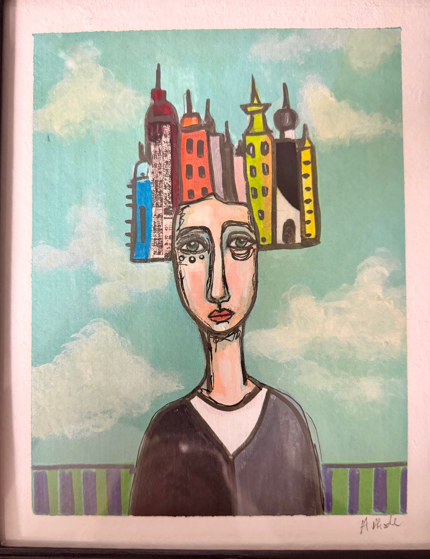Original,signed painting/mixed media collage portrait on board in black frame, 10x12