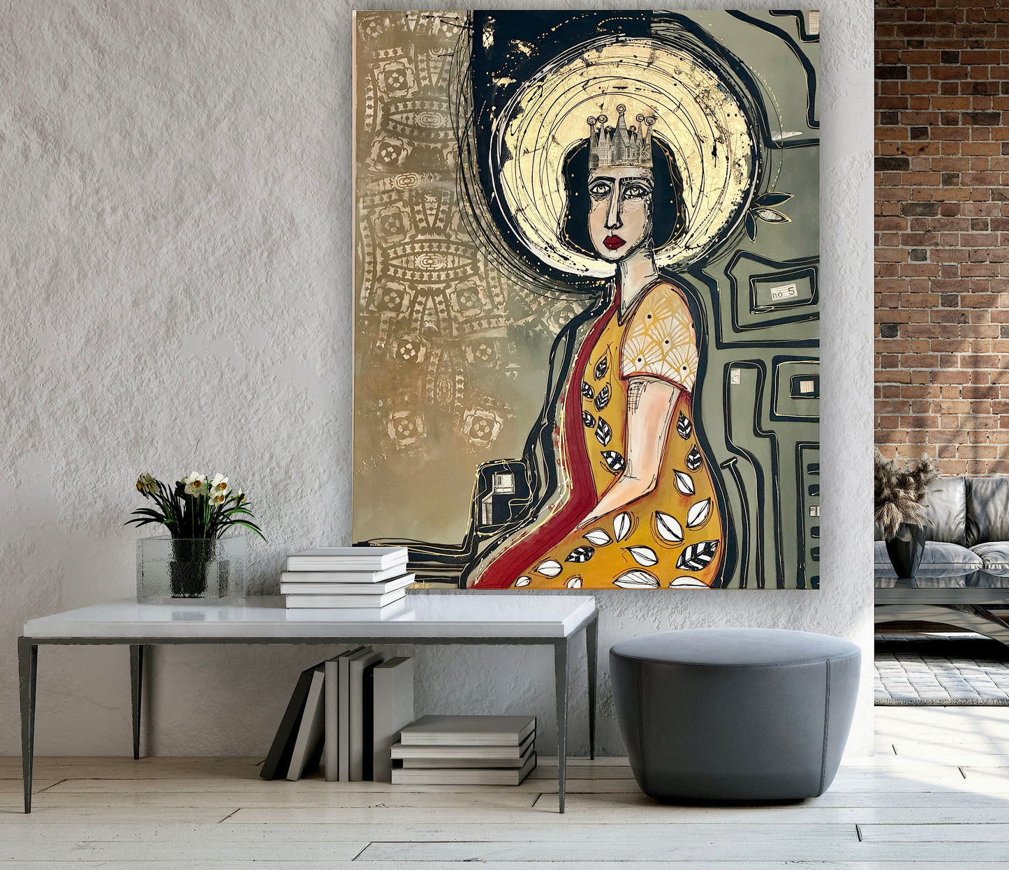 48x60” Original signed painting-wide gallery edge canvas Abstract contour queen portrait w/ mixed media