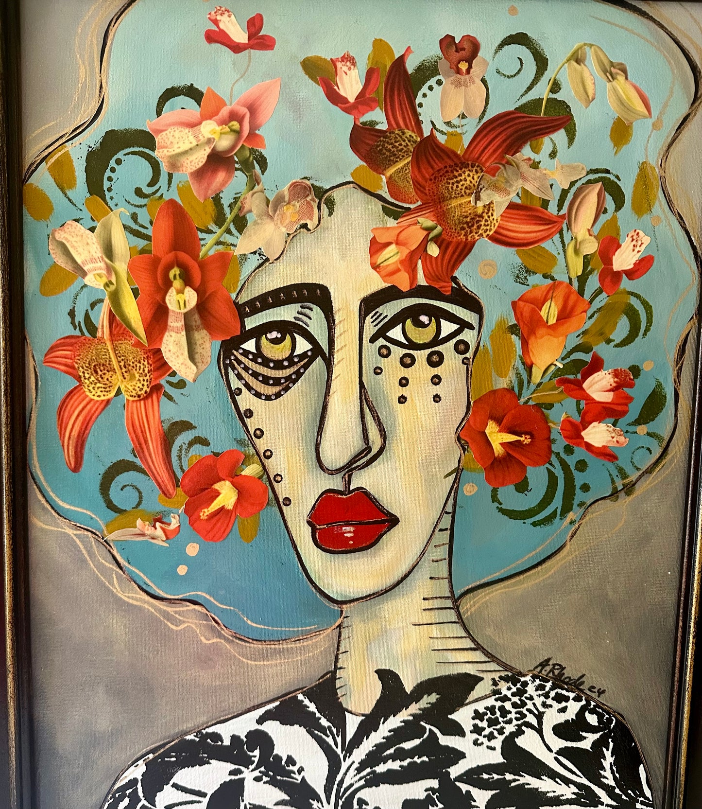 Large Original painting on canvas w/black frame 19x23” Abstract Portrait w/ mixed media botanical collage