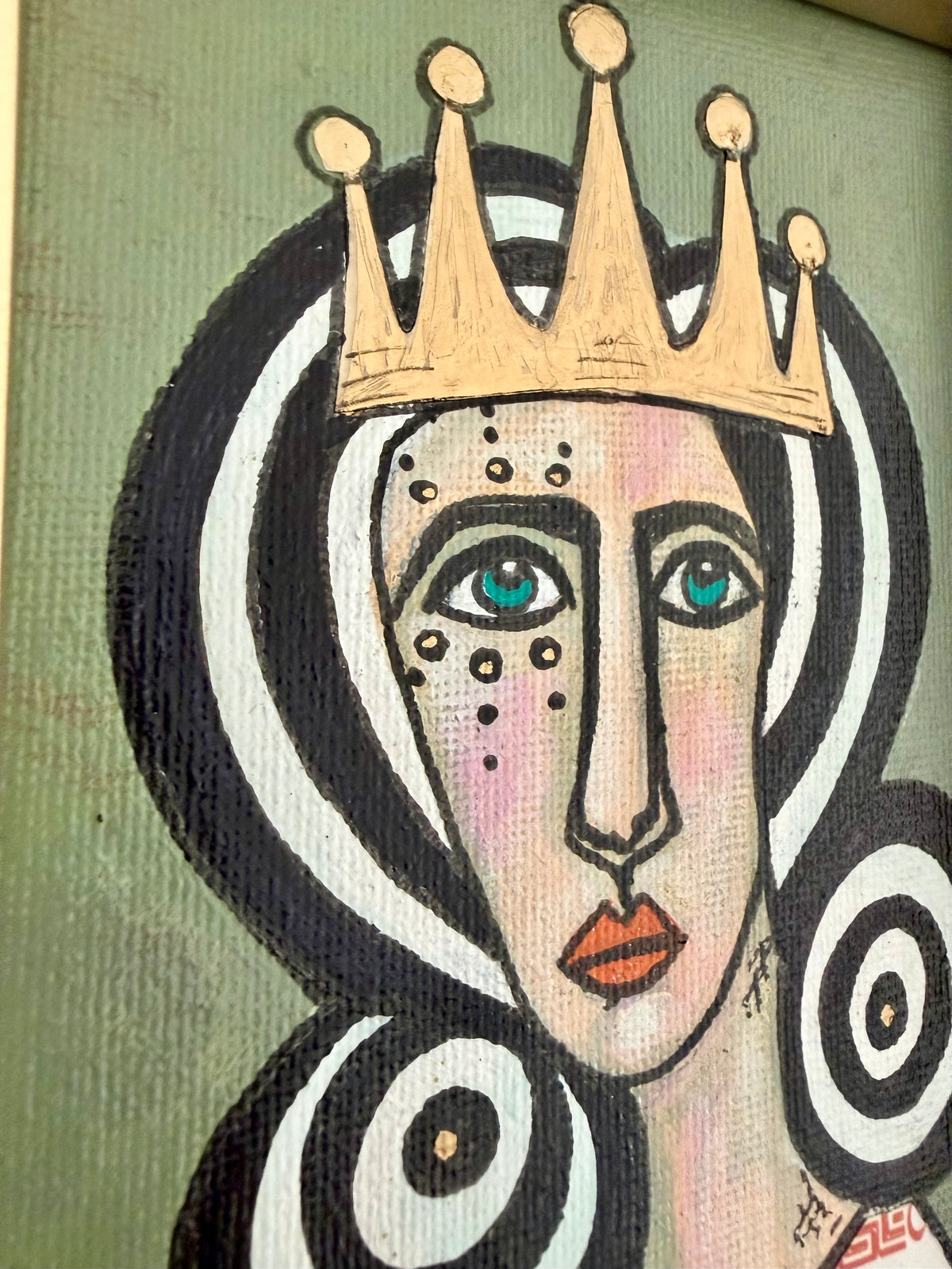 Original,signed painting-mixed media portrait on canvas in gold frame 9x11
