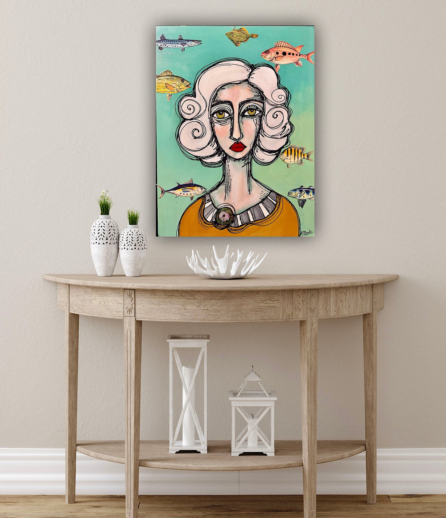 Original, signed painting-18x24”painted, wide edge canvas: Abstract portrait with mixed media collage
