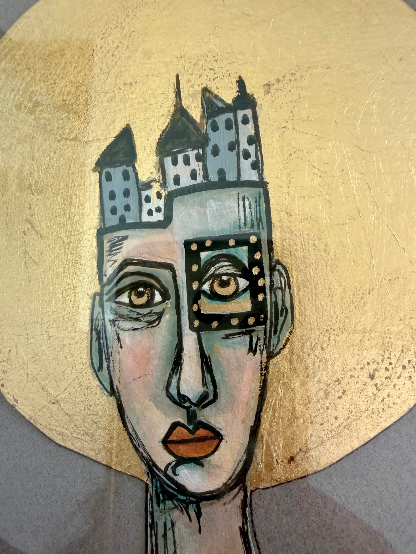 Original,signed painting/mixed media collage portrait on board in gold frame, 10x12”