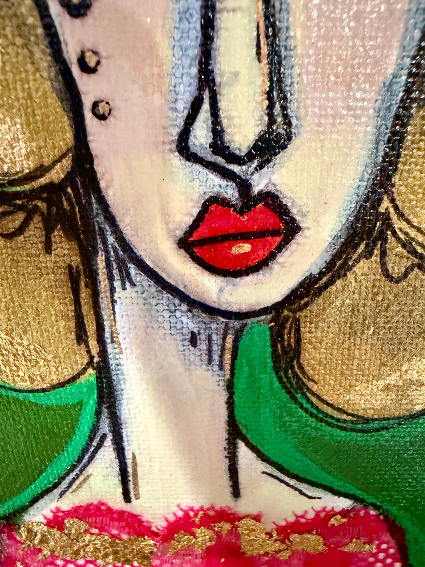 Original, signed mini /slender painting on canvas  Abstract portrait w/mixed media 4x12”