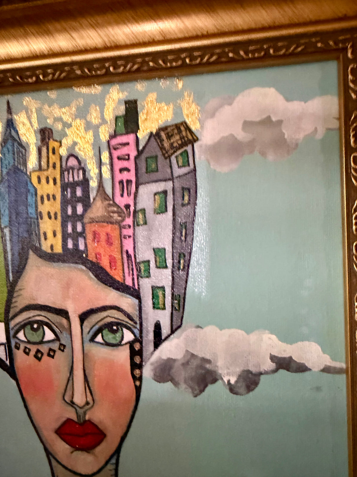 Original,signed painting-mixed media portrait on canvas in gold frame 14x17