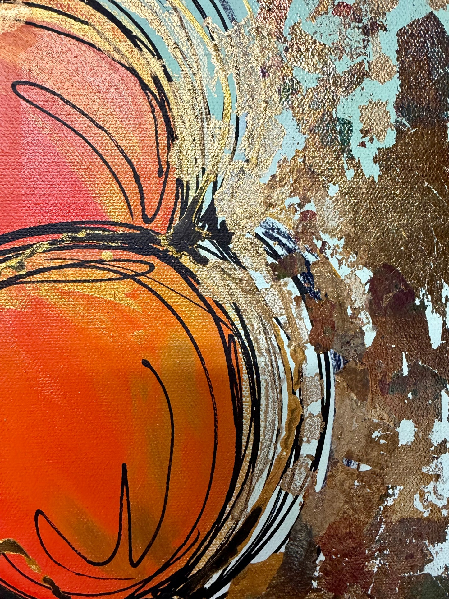 Original, signed painting-20x24”painted, wide edge canvas: “Upstream” Abstract portrait with mixed media collage