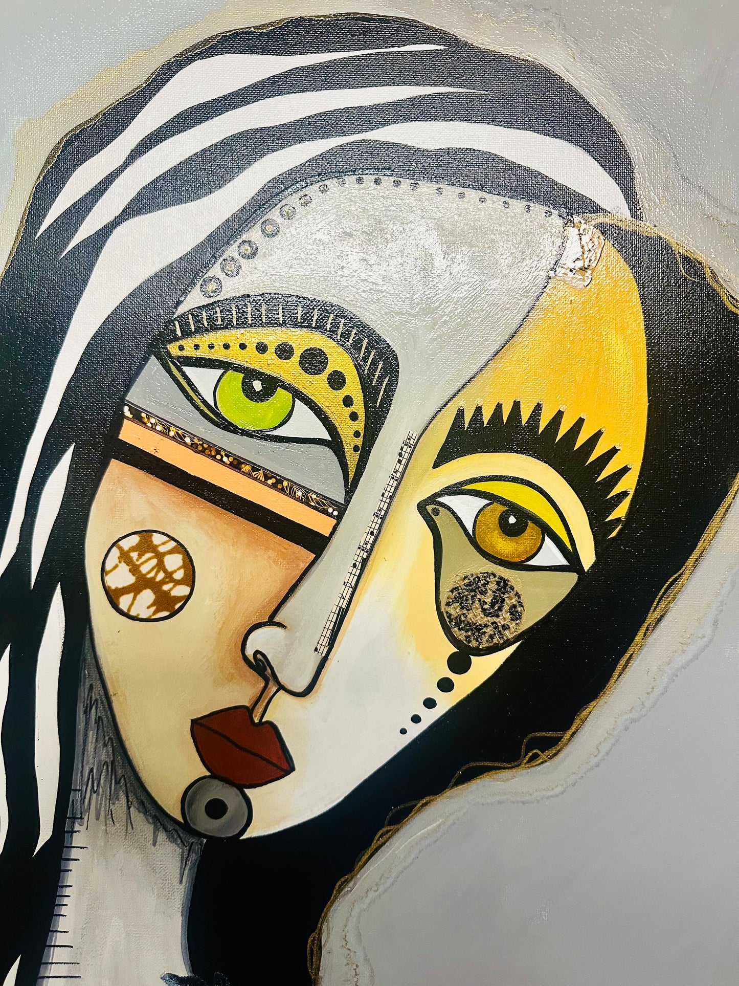 Original painting on canvas - ornate vintage frame-28.5x32.5 Abstract Portrait-w/ mixed media collage.