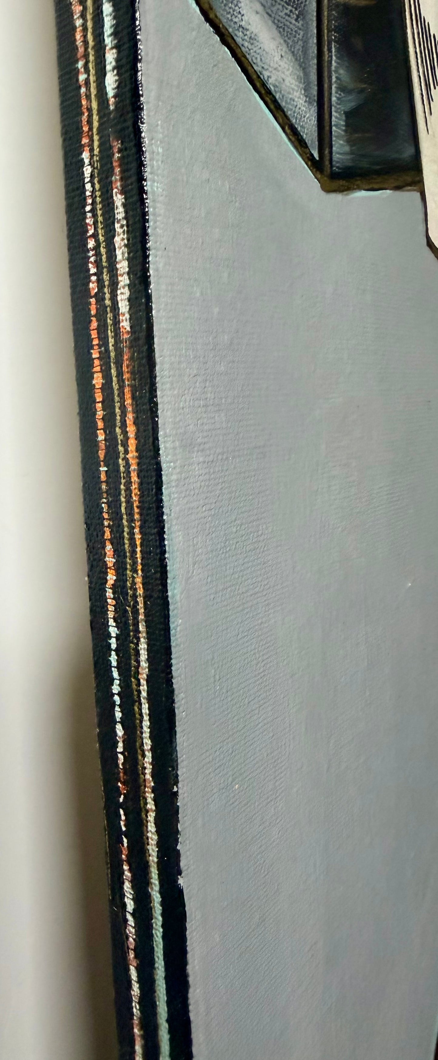 15x30” Original signed painting on painted edge canvas. Tall Abstract portrait, acrylic w/collage cityscape