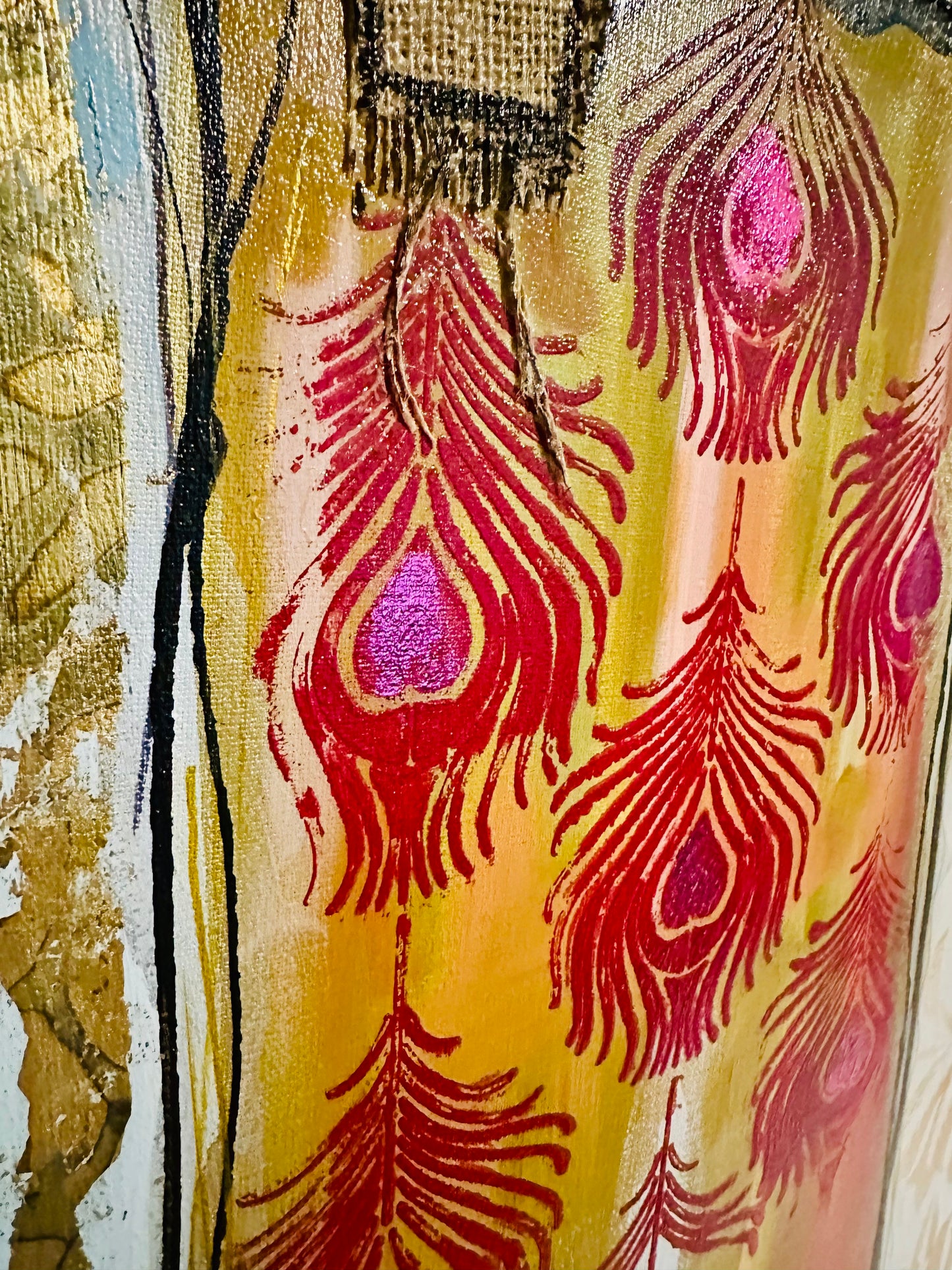 Original, signed painting-24x48”- black edge canvas: Abstract portrait w/ mixed media - ‘Black Crown’