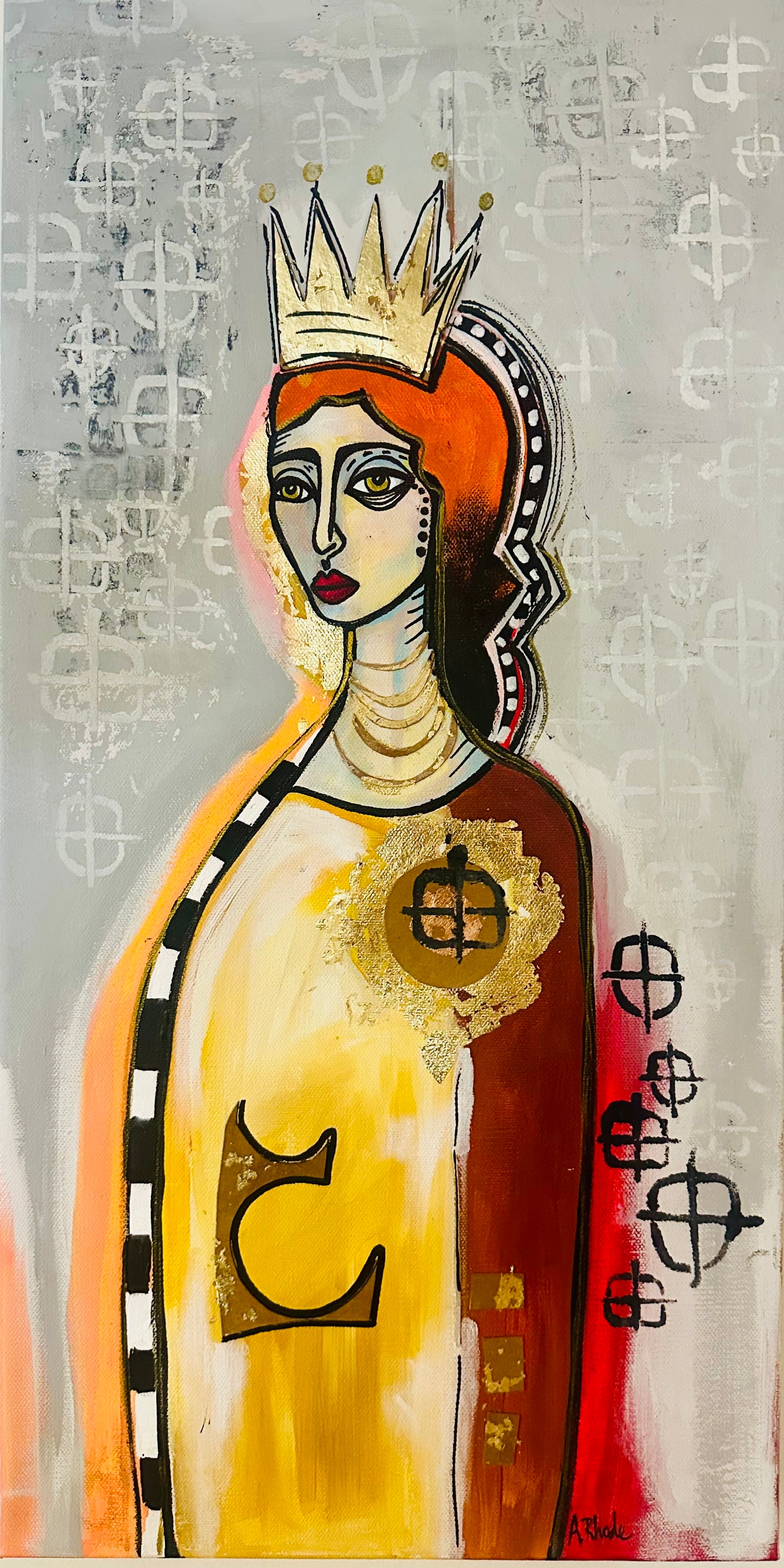 Original, signed painting-12x24” wide collage edge canvas: Abstract portrait w/ mixed media