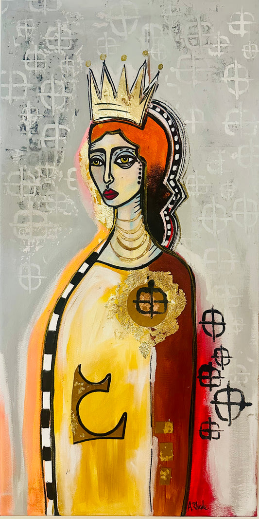 Original, signed painting-12x24” wide collage edge canvas: Abstract portrait w/ mixed media