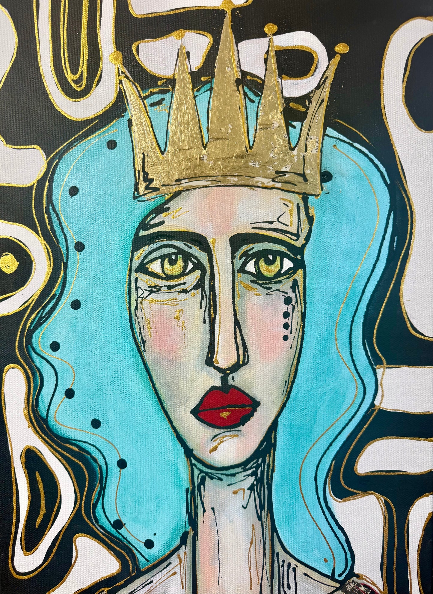 Original, signed painting-12x24” painted edge canvas: Abstract portrait w/ mixed media crown
