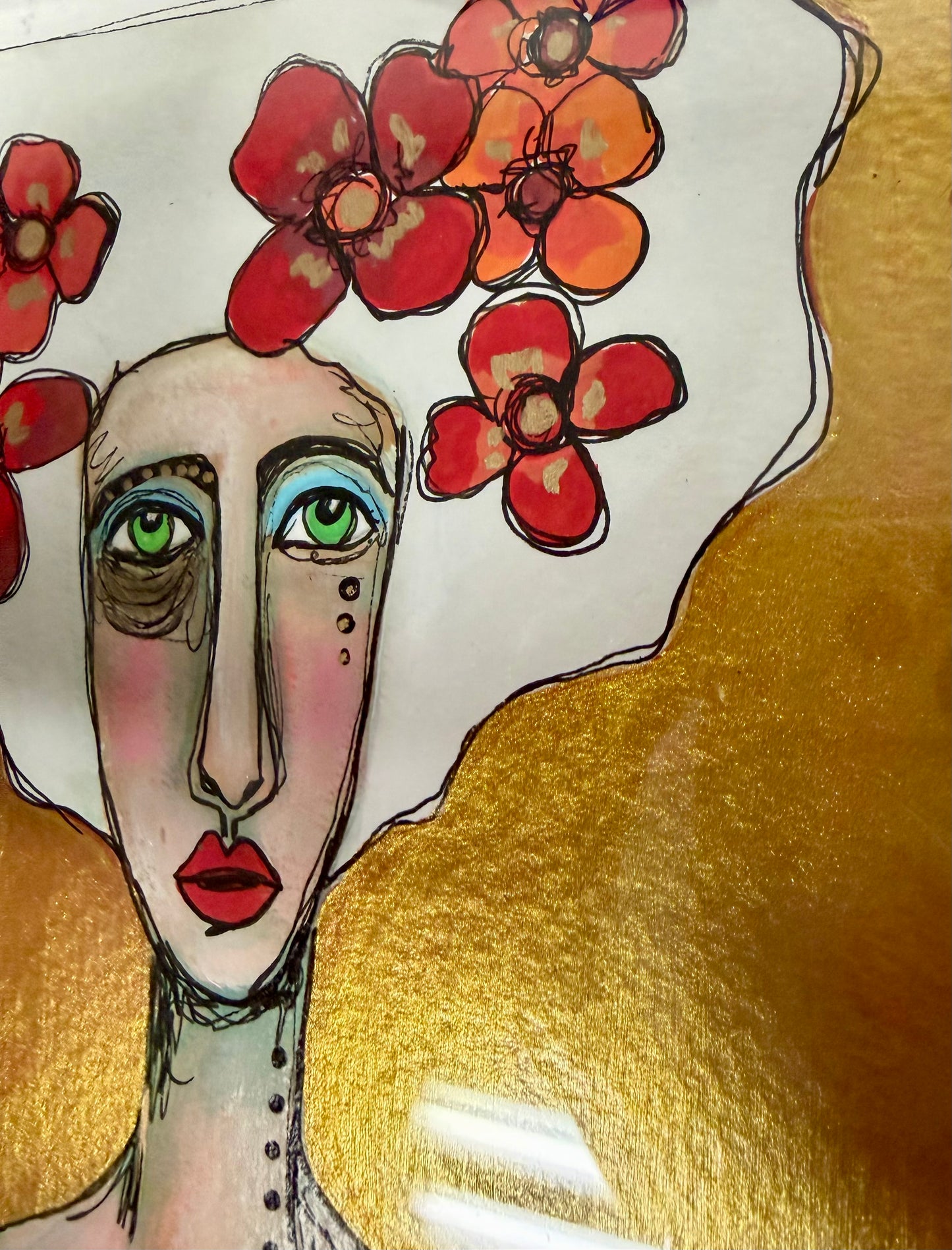 Original,signed painting/mixed media collage portrait on heavyweight archival paper/board in wood frame 11.5x13.5