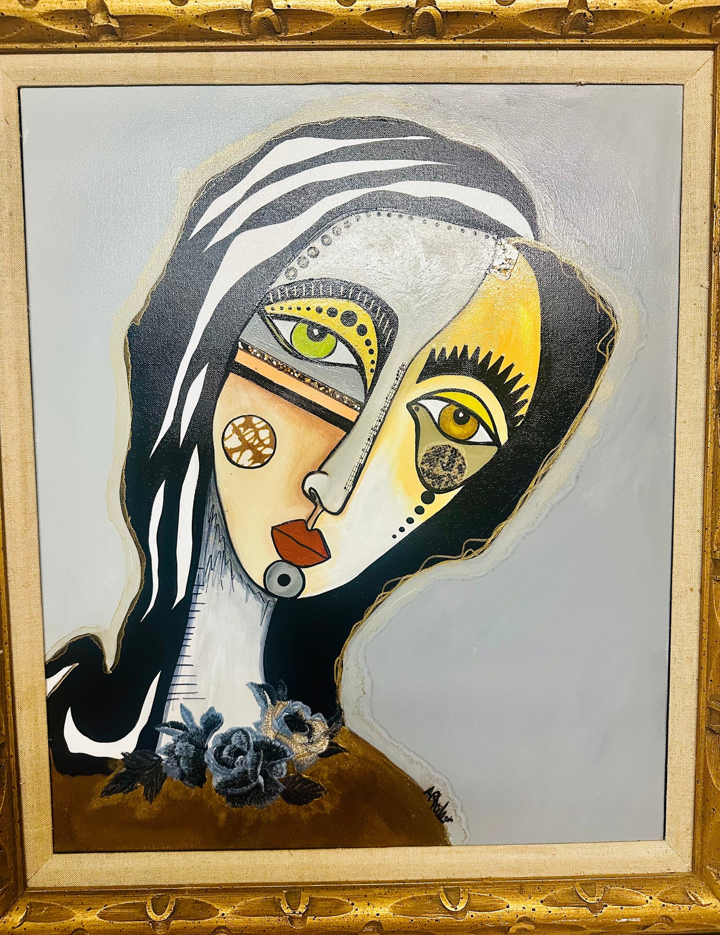 Original painting on canvas - ornate vintage frame-28.5x32.5 Abstract Portrait-w/ mixed media collage.