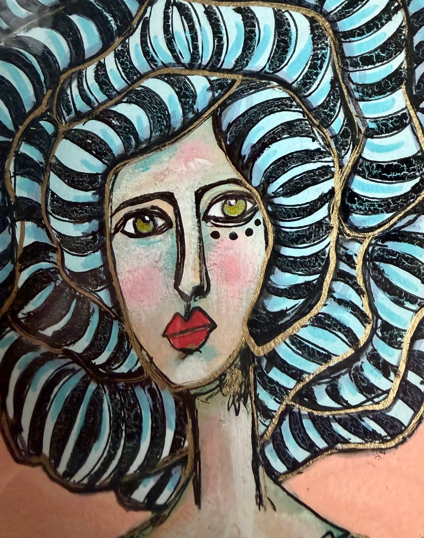 Original,signed painting/mixed media collage portrait on heavyweight archival paper/board in black frame 10.5x13