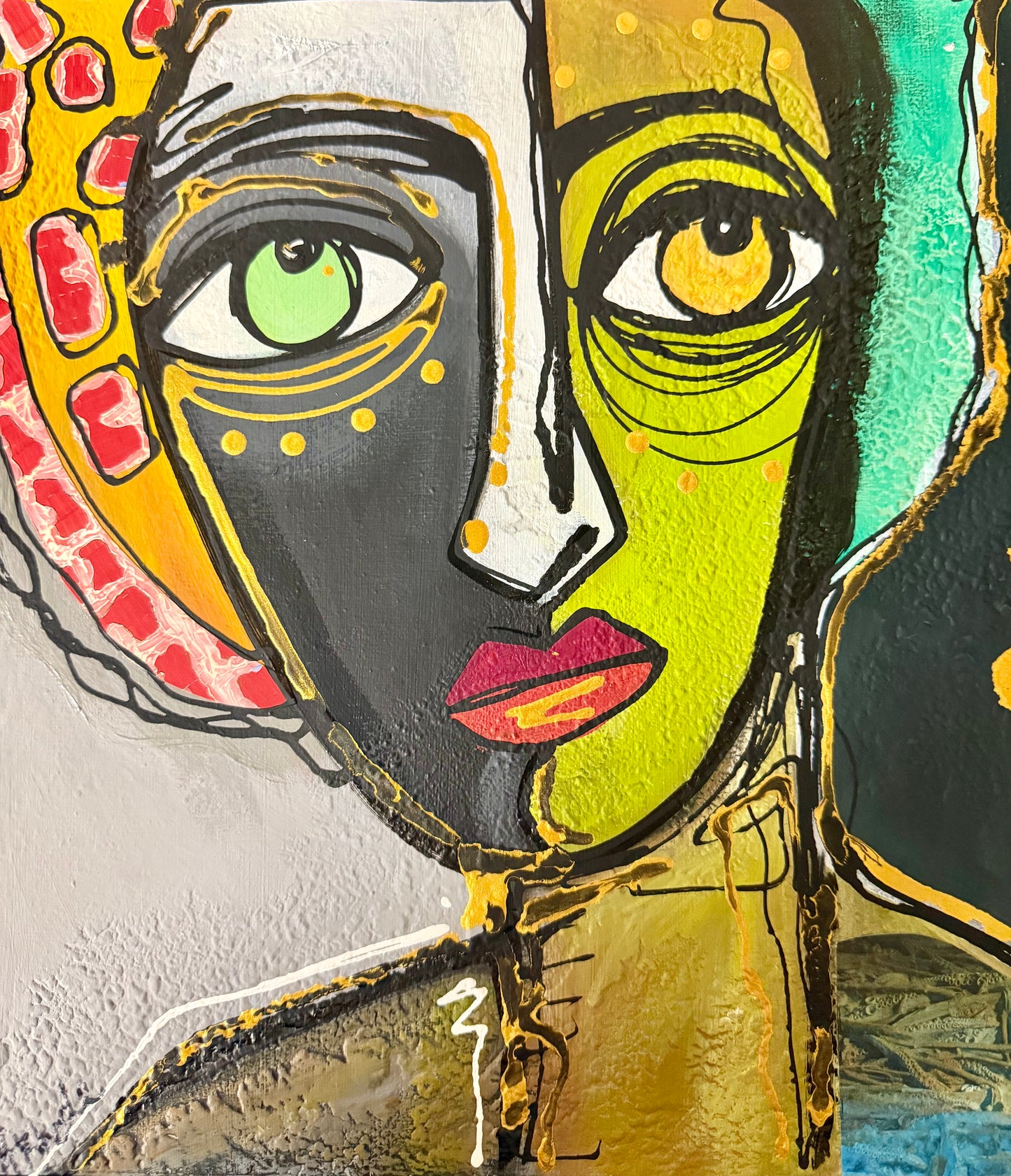 Original, signed mixed media painting/collage on boxed framed wood panel   Abstract portrait w/mixed media -12x12”
