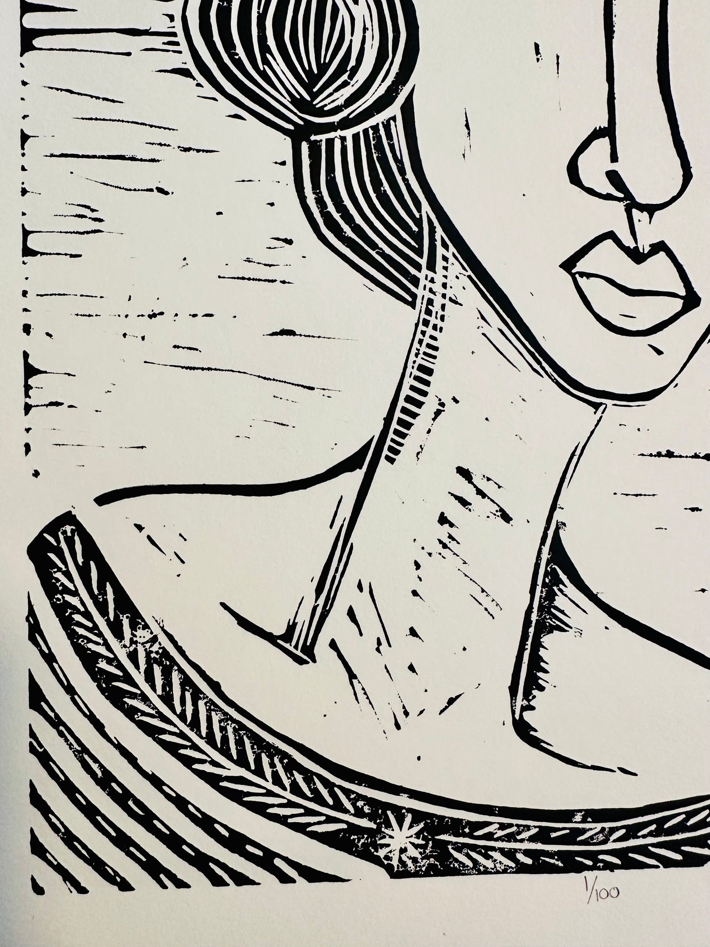 Original, hand-carved & pulled linocut block print - Unframed, 11x14 print “Bea”Abstract  Portrait.