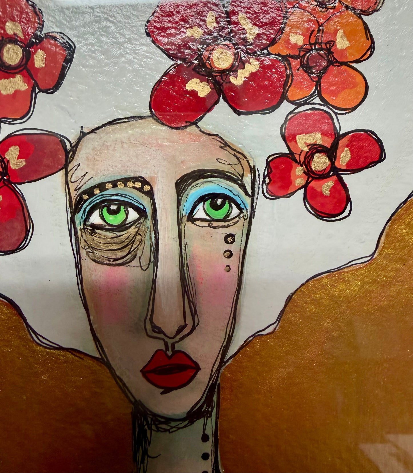 Original,signed painting/mixed media collage portrait on heavyweight archival paper/board in wood frame 11.5x13.5