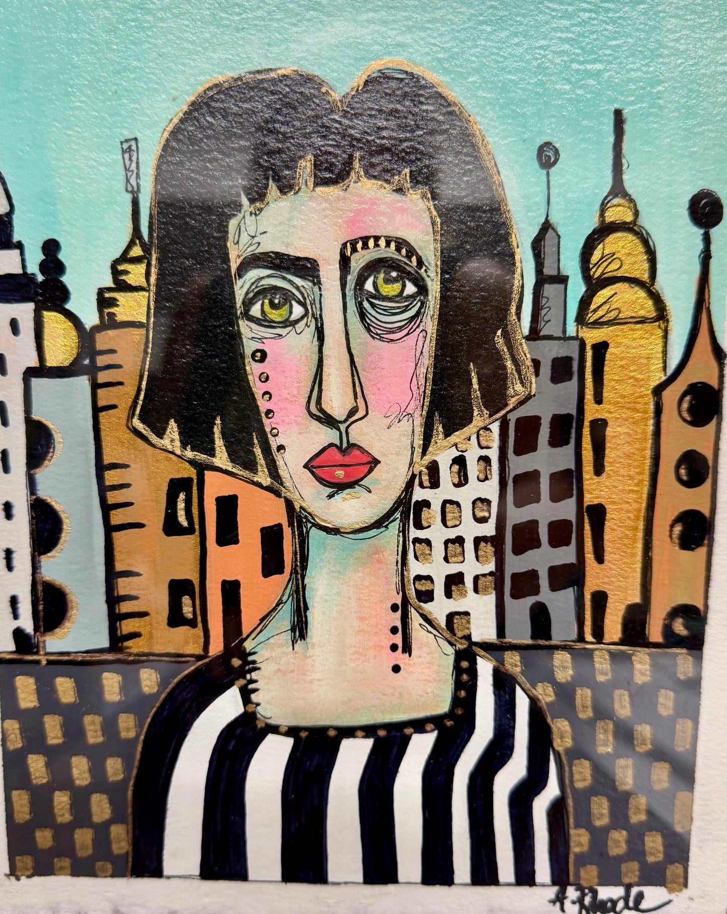 Original,signed painting/mixed media collage portrait on heavyweight archival paper/board in black frame 10.5x13