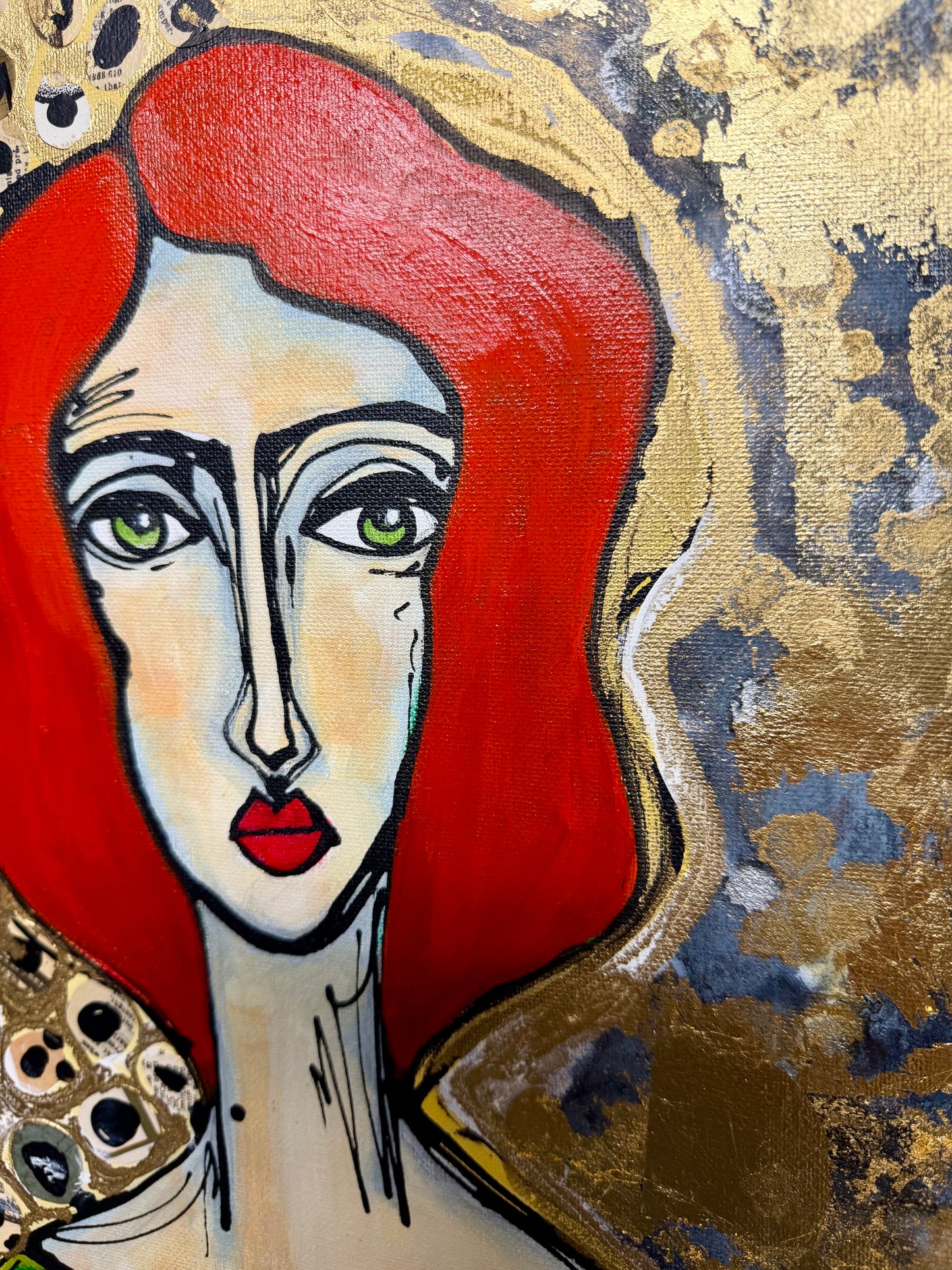 Original, signed painting-24x36” collaged edge canvas: Abstract portrait w/ mixed media