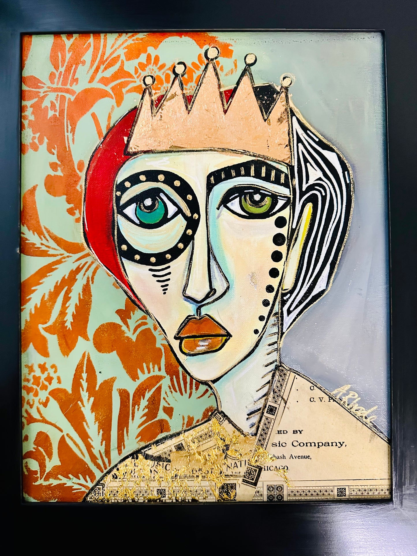 Original painting on canvas board w/ black frame 16x19” Abstract Portrait w/ mixed media collage