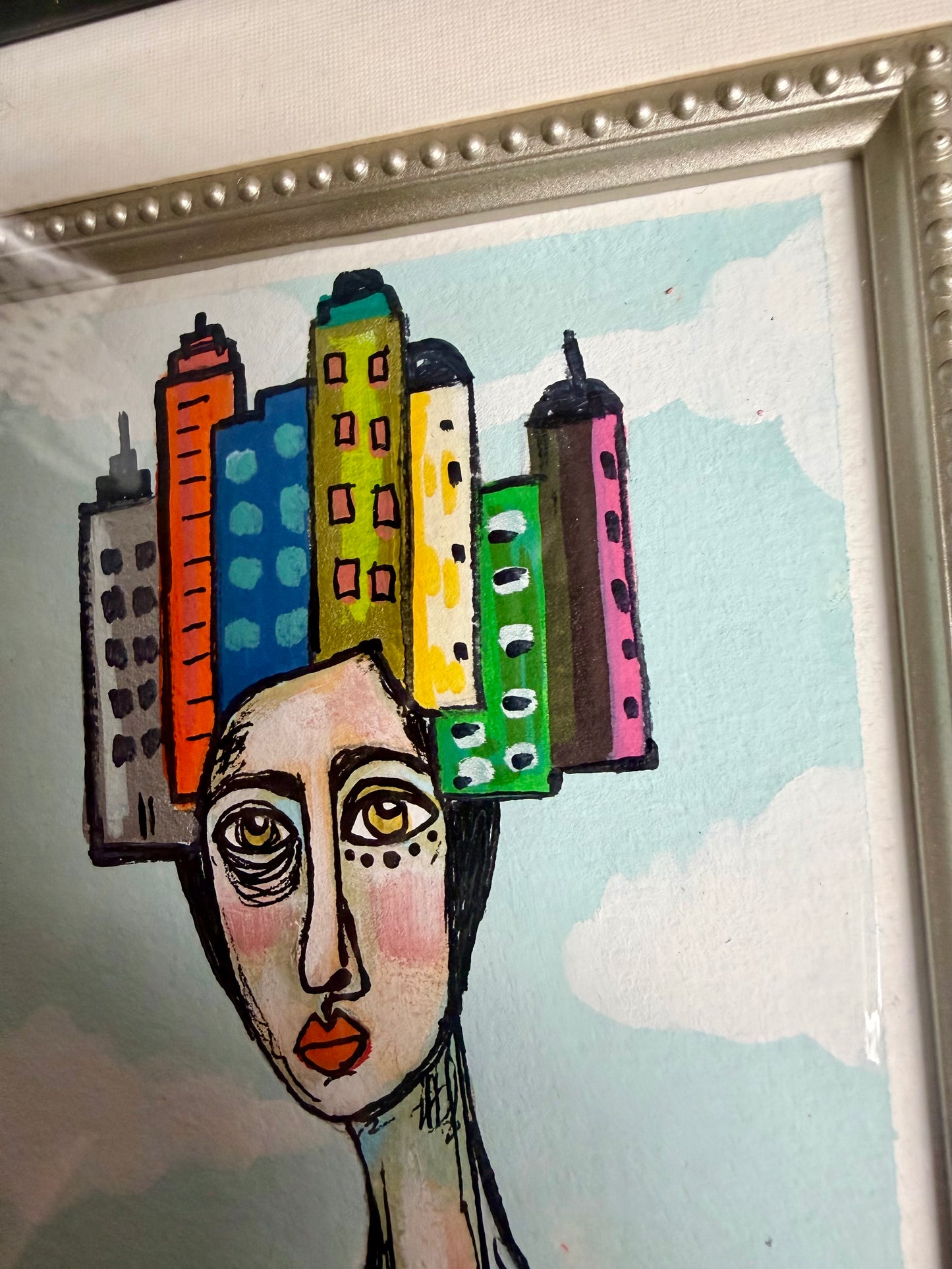 Original,signed painting/mixed media collage portrait on heavyweight archival paper in frame 10x12