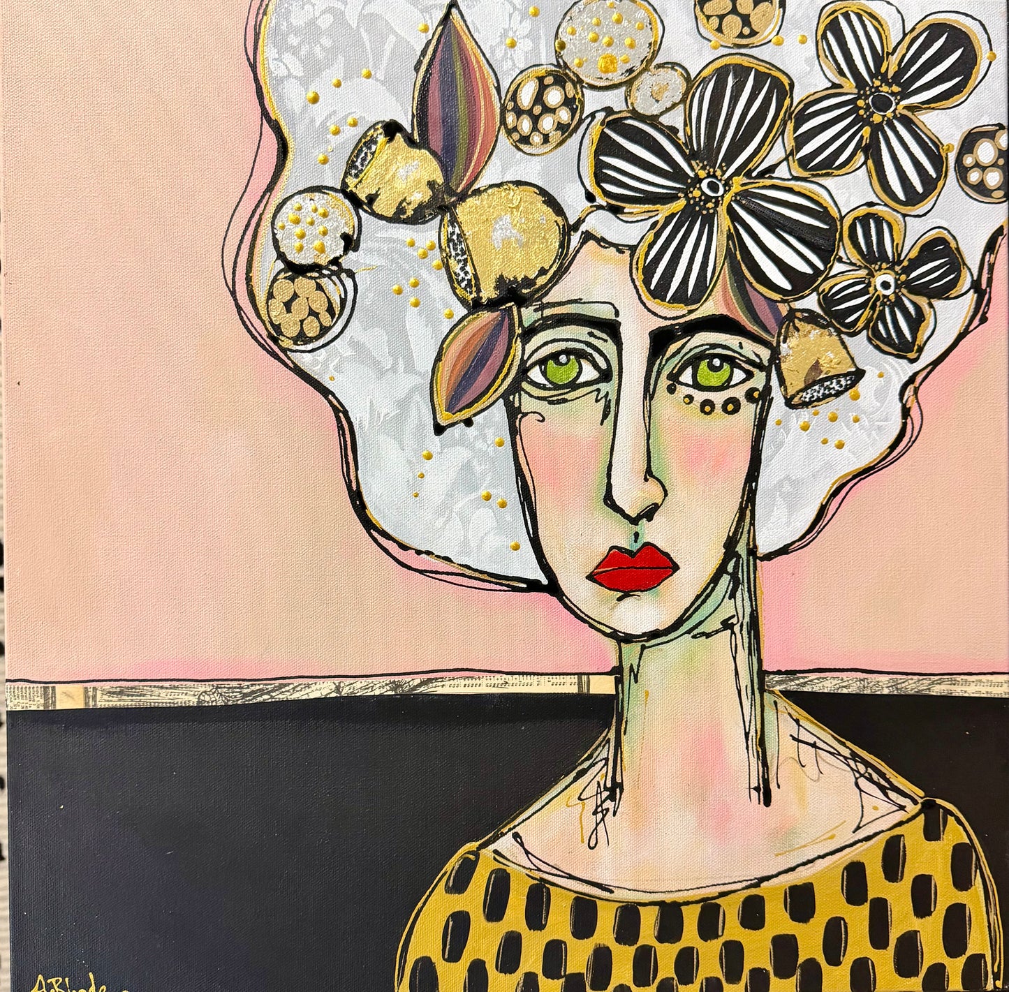 Original, signed painting-20x20”wide edge canvas: Abstract portrait with flowers/mixed media.