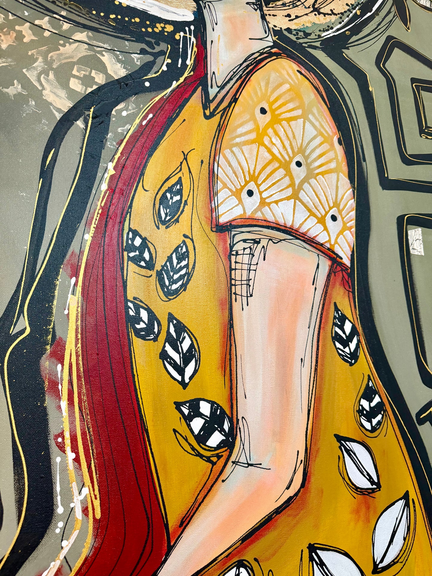 48x60” Original signed painting-wide gallery edge canvas Abstract contour queen portrait w/ mixed media