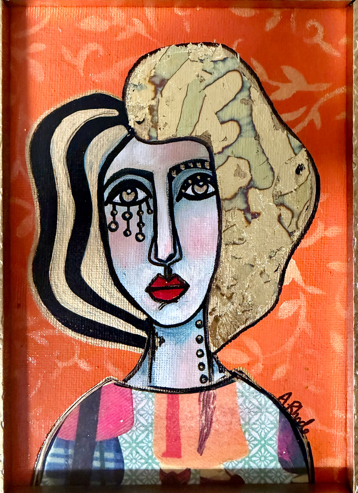 Original,signed painting-mixed media portrait on canvas in gold frame 9x11