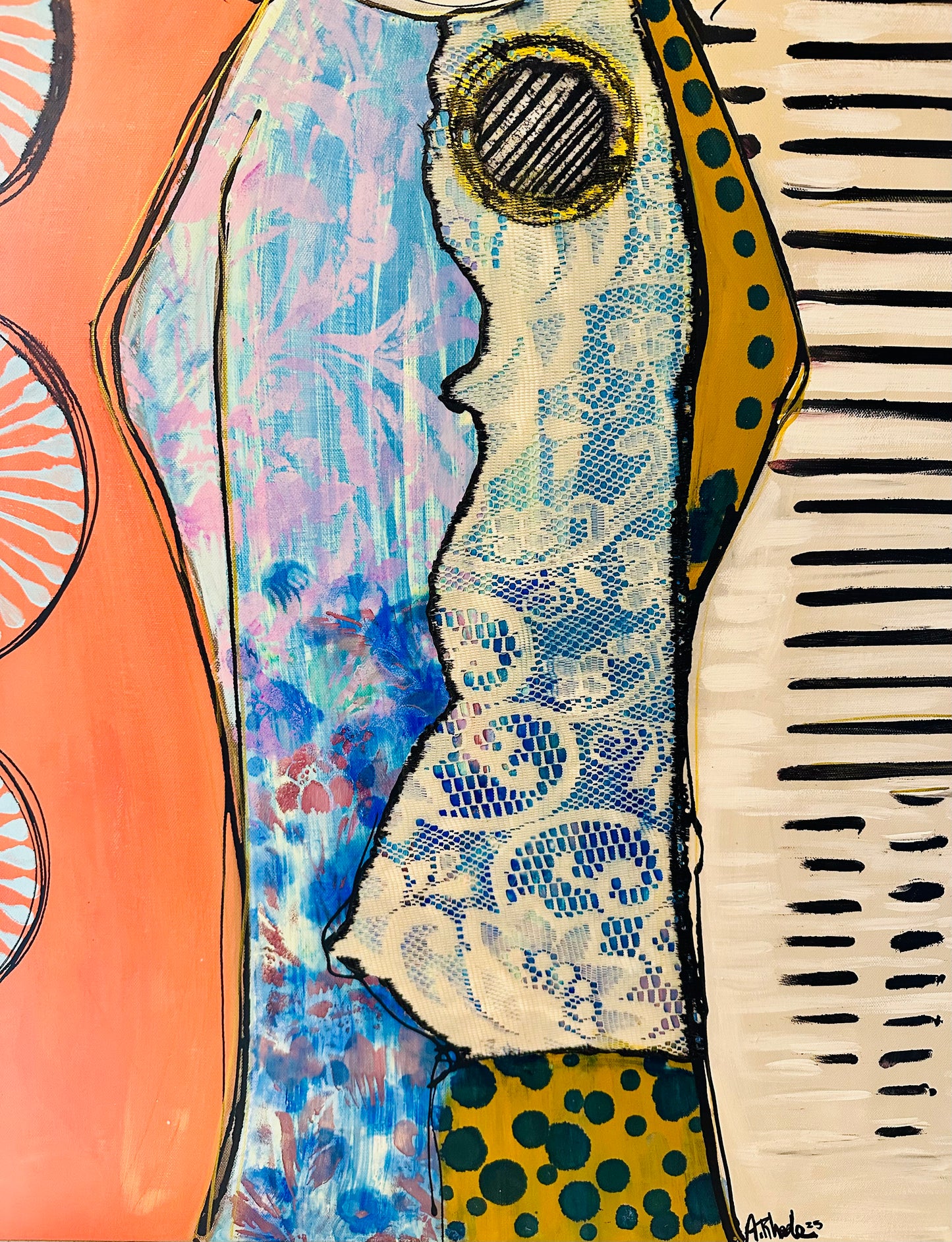 Original, signed painting-24x48”- black edge canvas: Abstract portrait w/ mixed media -“copper nimbus”