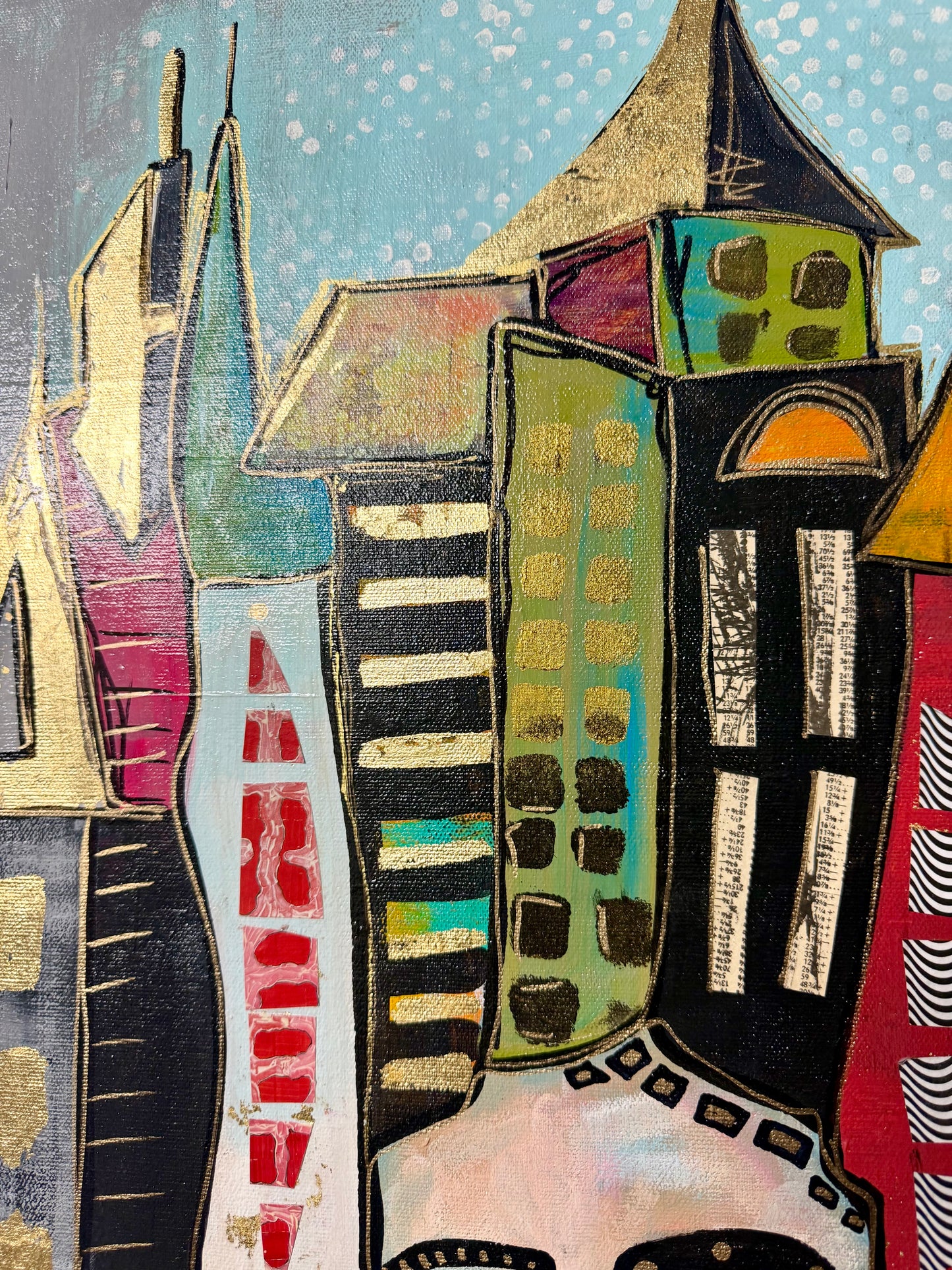15x30” Original signed painting on painted edge canvas. Tall Abstract portrait, acrylic w/collage cityscape