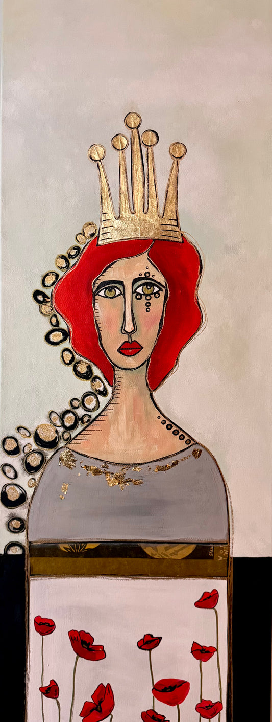 Original, signed painting-12x36” wide edge canvas: Abstract portrait with mixed media collage/crown & poppies