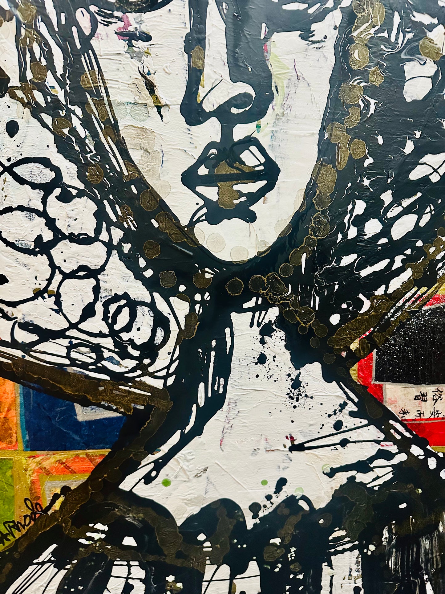 Tall, 26x50” Original painting on canvas w/black wood frame. Abstract,splatter w/gold ink,contour portrait-Large