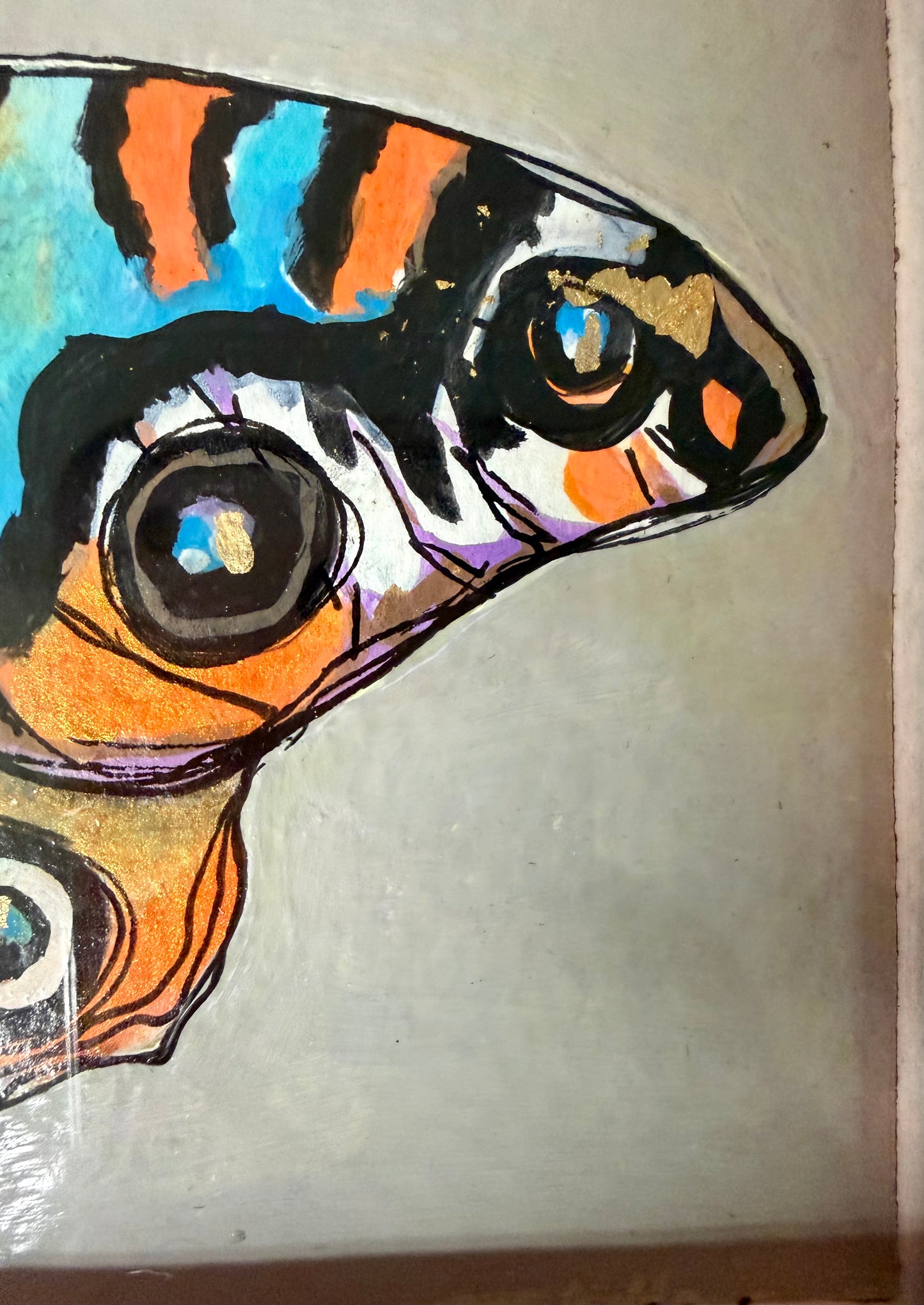 Original,signed painting/mixed media moth on heavyweight archival paper/board in glossy bright copper frame 9.5x11.5”