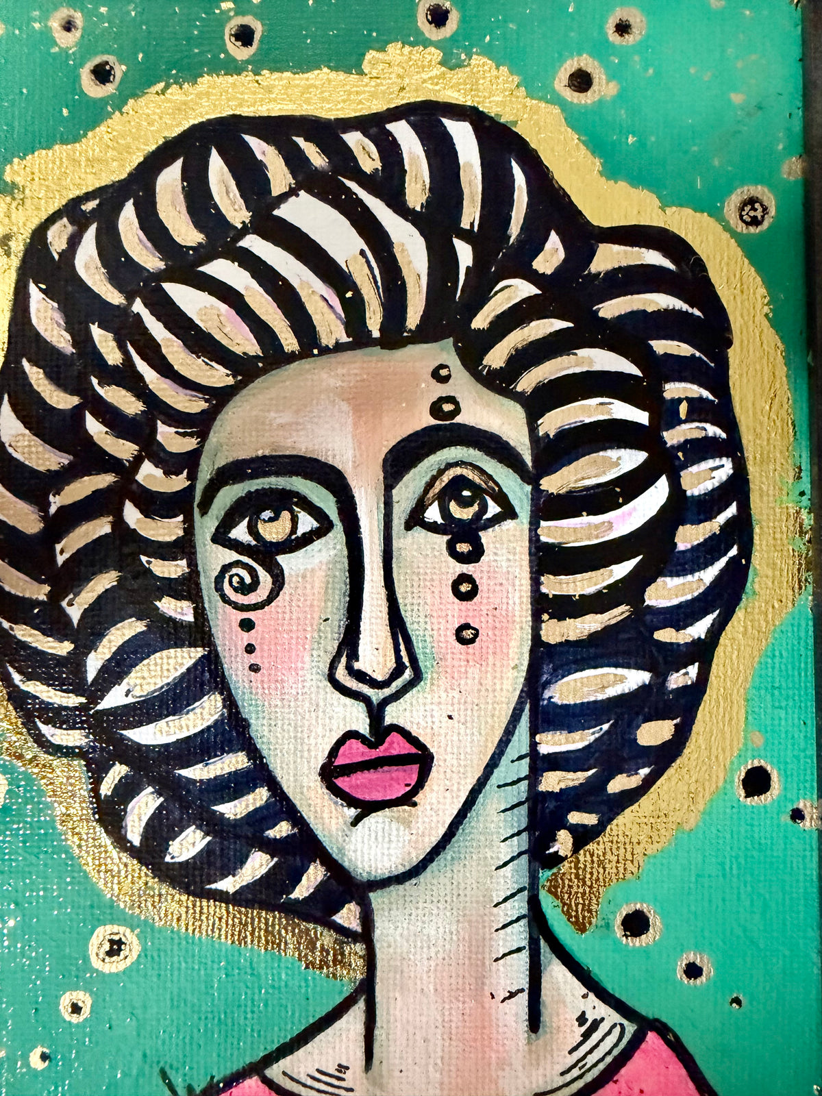 Original,signed painting-mixed media portrait on canvas in gold frame 9x11