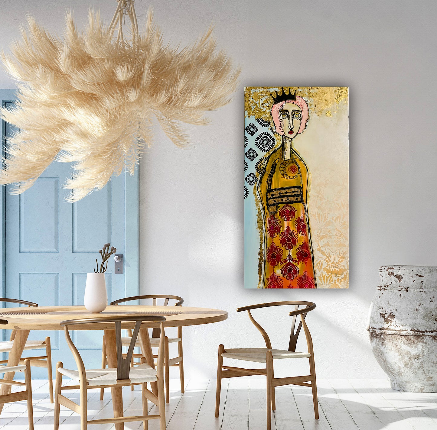 Original, signed painting-24x48”- black edge canvas: Abstract portrait w/ mixed media - ‘Black Crown’