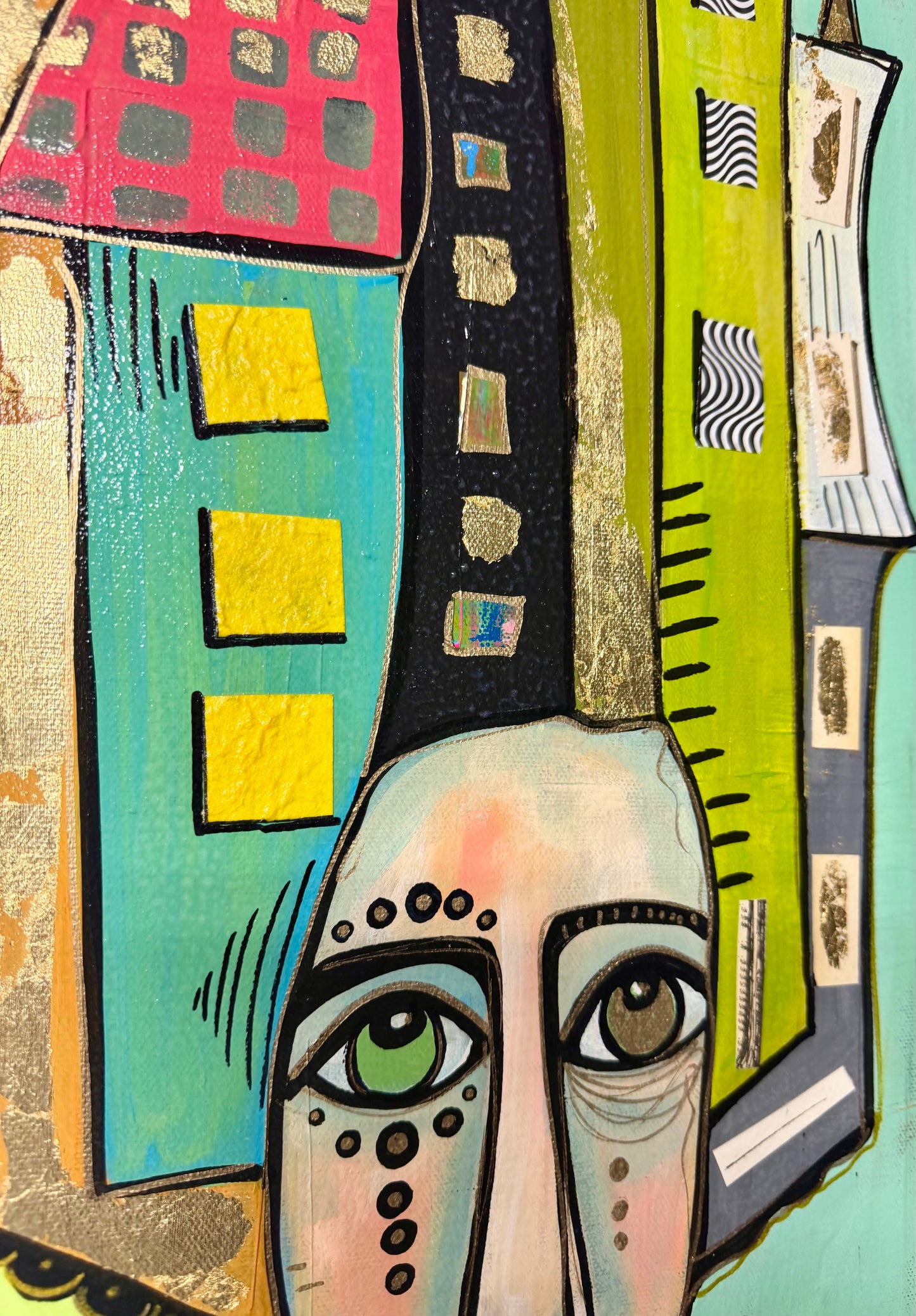 10x30” Original signed painting on painted edge canvas. Tall Abstract portrait, acrylic w/collage cityscape