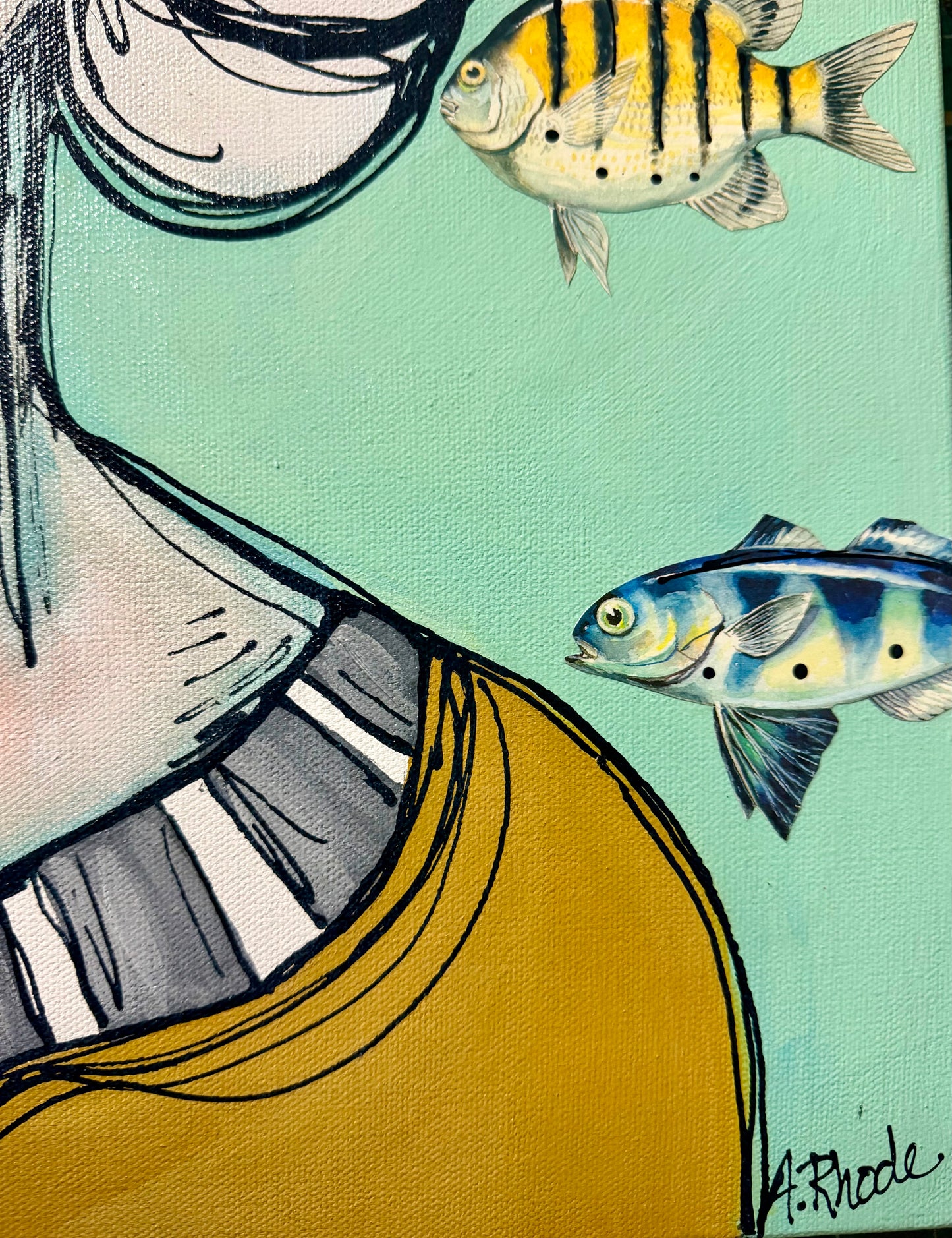 Original, signed painting-18x24”painted, wide edge canvas: Abstract portrait with mixed media collage