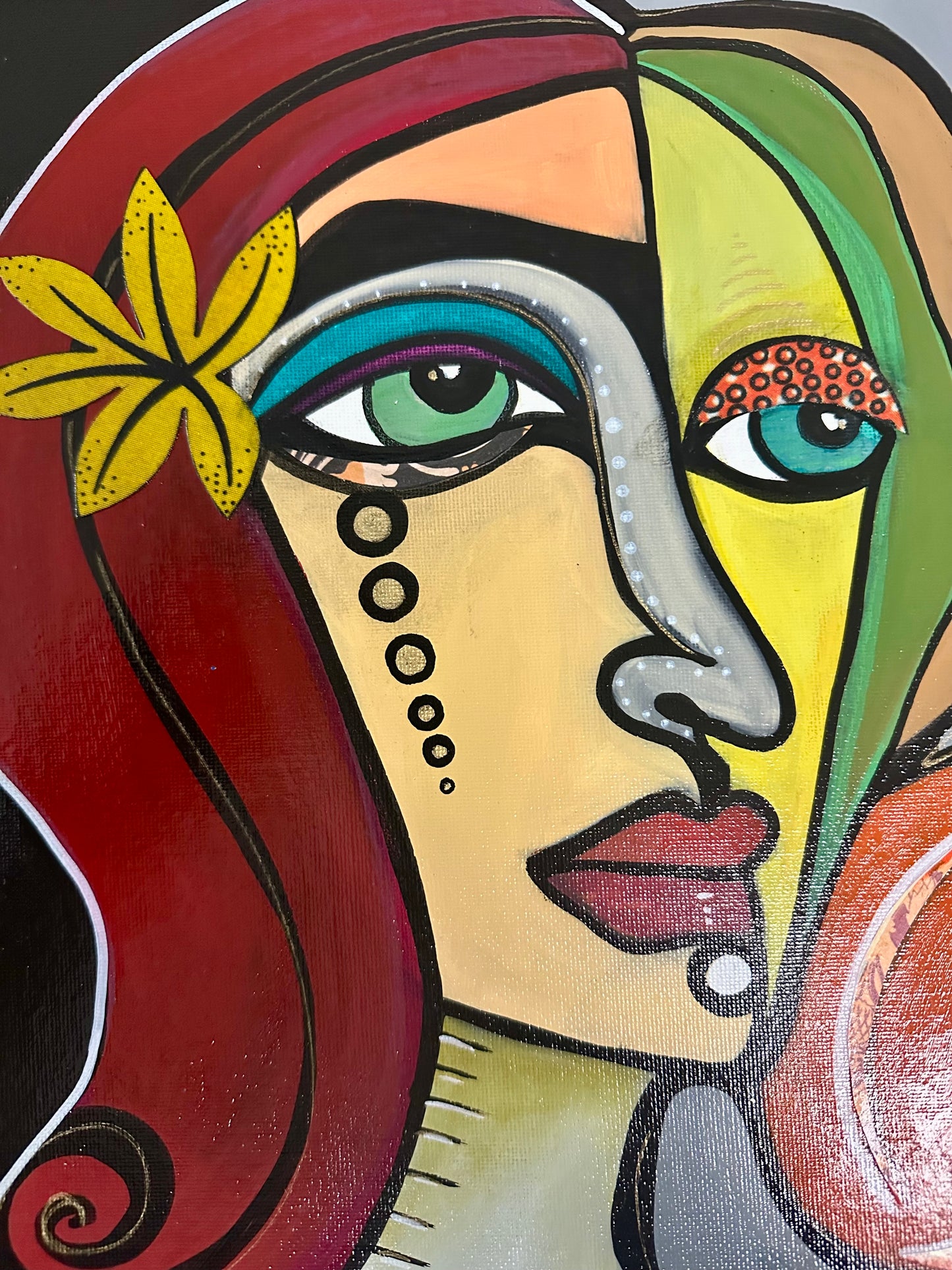 Original painting on canvas board - gold frame 22x22” Abstract Portrait w/mixed media collage