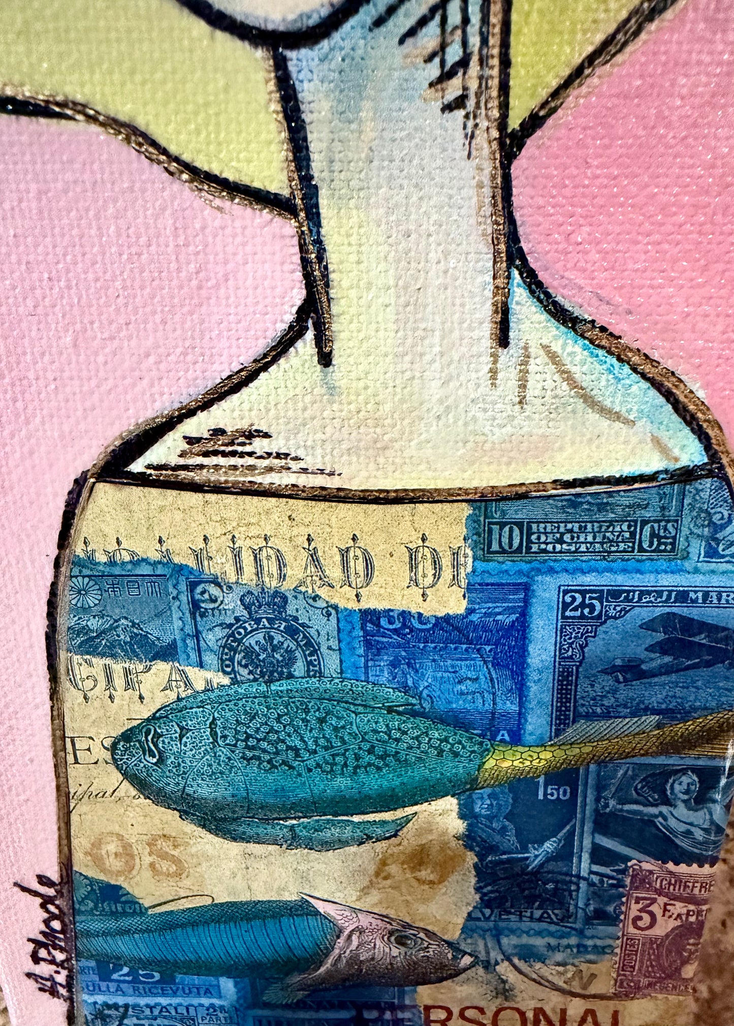 Original, signed mini /slender painting on canvas  Abstract portrait w/mixed media 4x12”