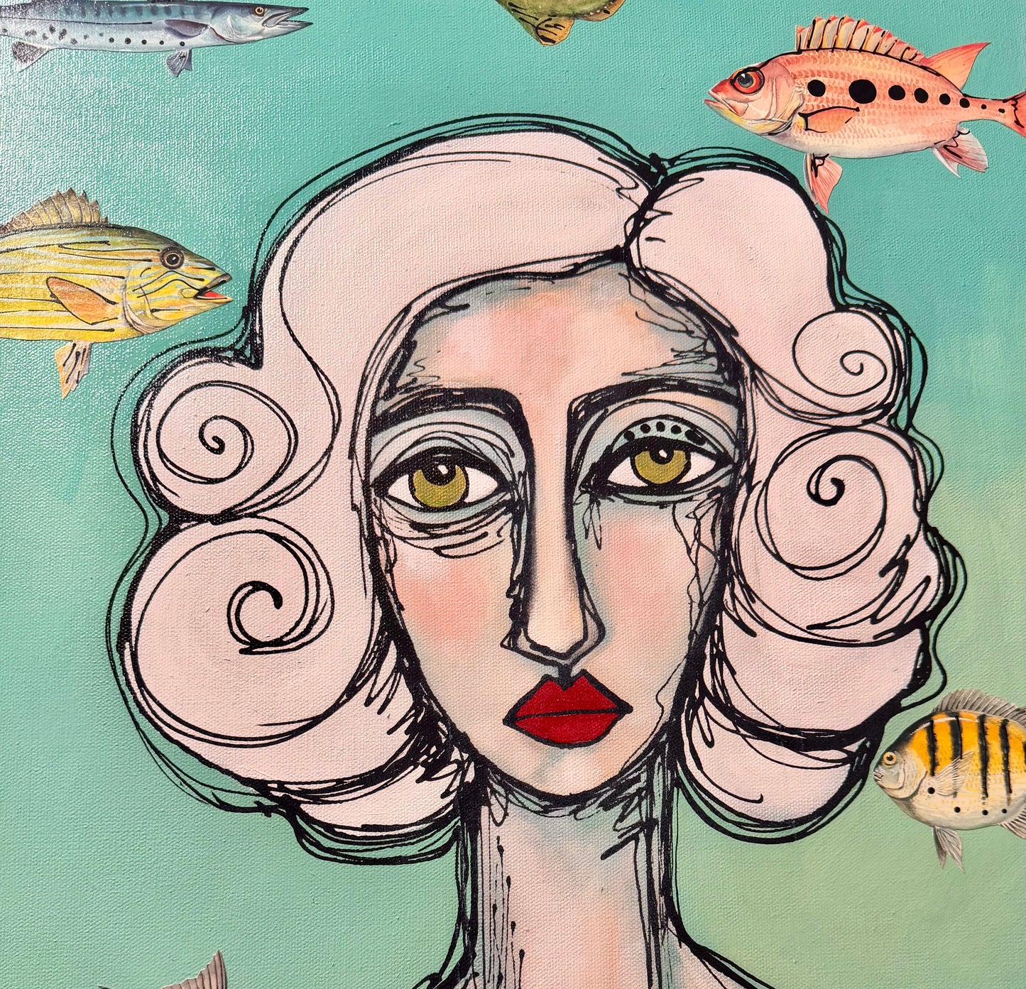 Original, signed painting-18x24”painted, wide edge canvas: Abstract portrait with mixed media collage