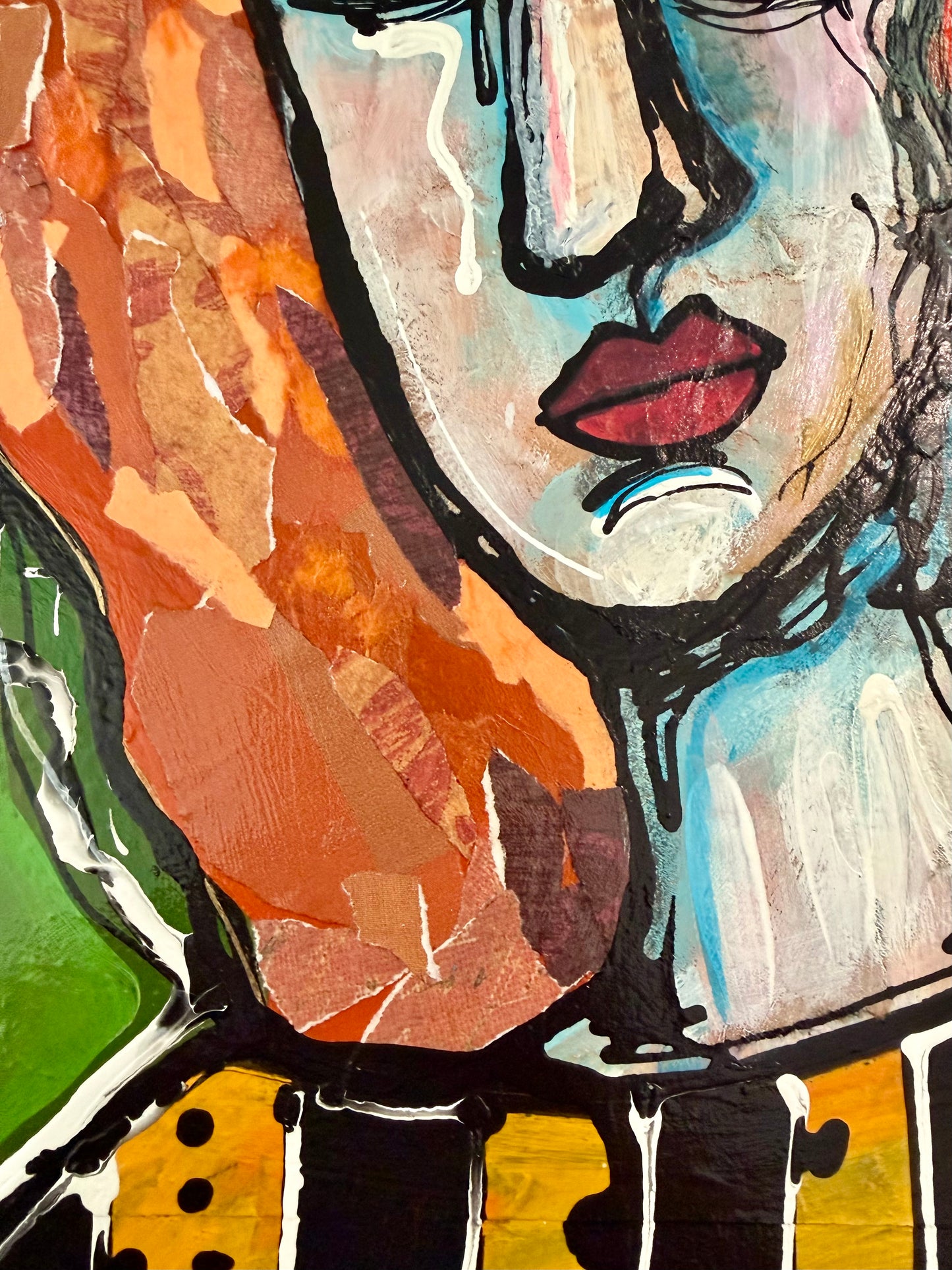 Original, signed mixed media painting/collage on box-framed wood panel. Abstract portrait w/mixed media -11x14”