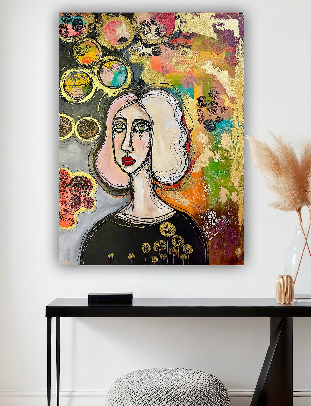 36x48 Original signed painting-wide gallery edge canvas Abstract portrait, acrylic w/mixed media & decorated edge